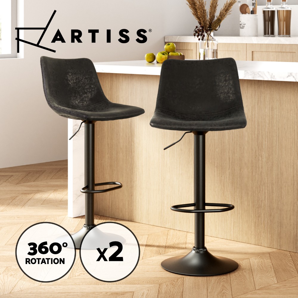 Artiss 2x Bar Stools Jovy Gas Lift 360 Swivel Faux Leather Black BA-K-0224-BKX2