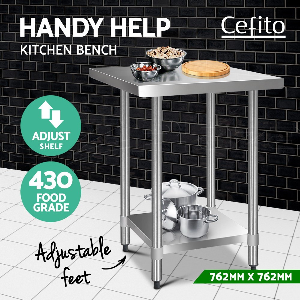 Cefito 430 Stainless Steel Work Bench Prep Table 762x762x890mm 250kg 4 Castors