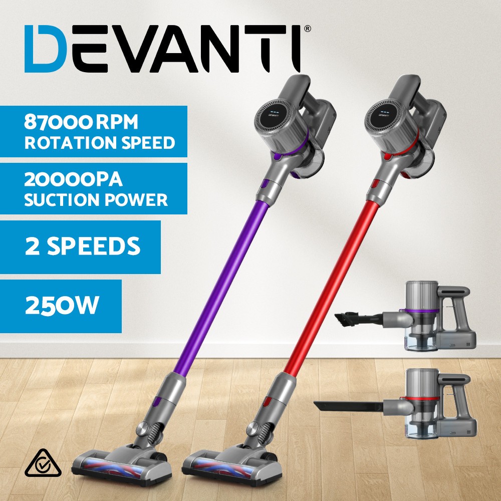 Devanti Cordless Stick Vacuum Cleaner 120W 12 000pa HEPA Bagless Purple and grey