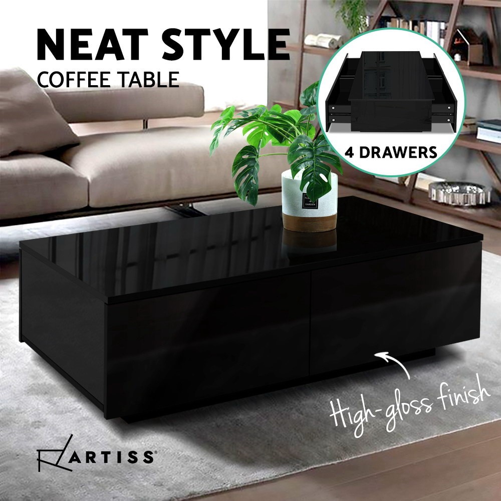 Artiss Coffee Table 4 Storage Drawers UV High Gloss Black Particle Board Indoor