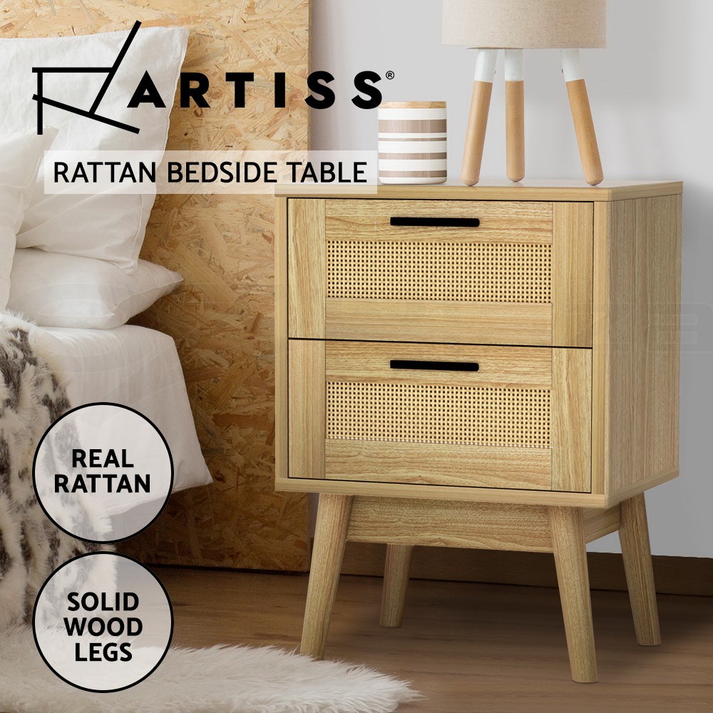 Artiss Rattan Bedside Table 2 Drawers Storage Nightstand 40cm 30cm 54cm Wood