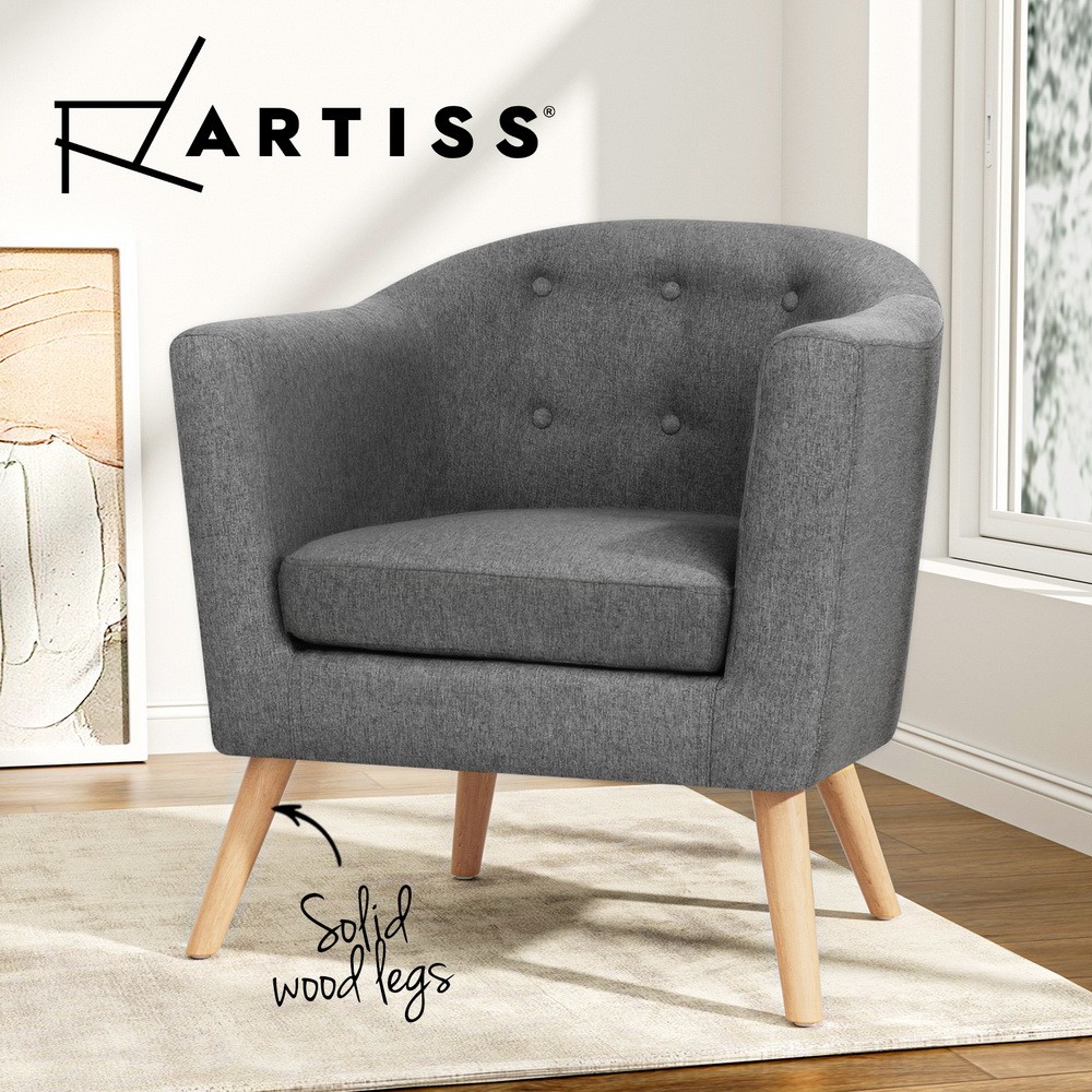 Artiss ADORA Armchair Grey Faux Linen Tufted Button Removable Cushions 71cm