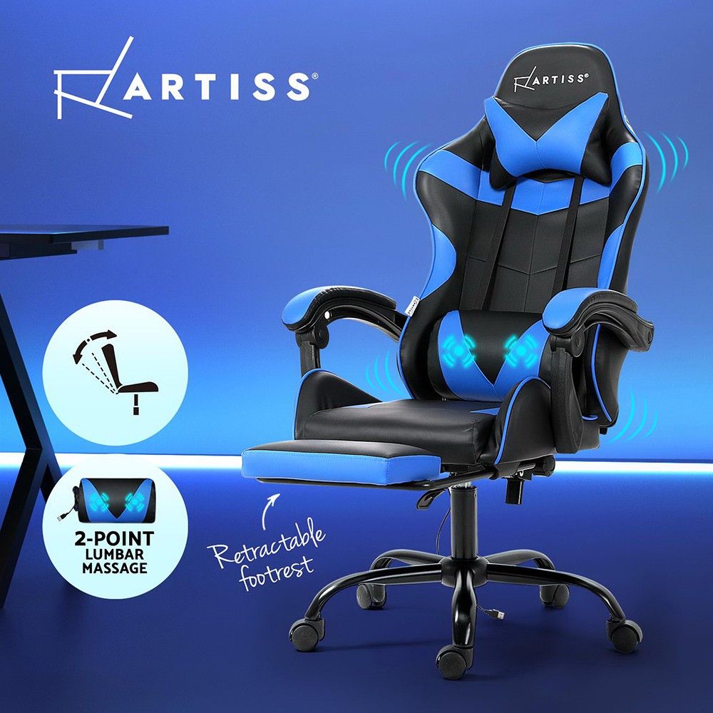 Artiss Massage Gaming Chair High Back Footrest LED Light 2/6 points vibration