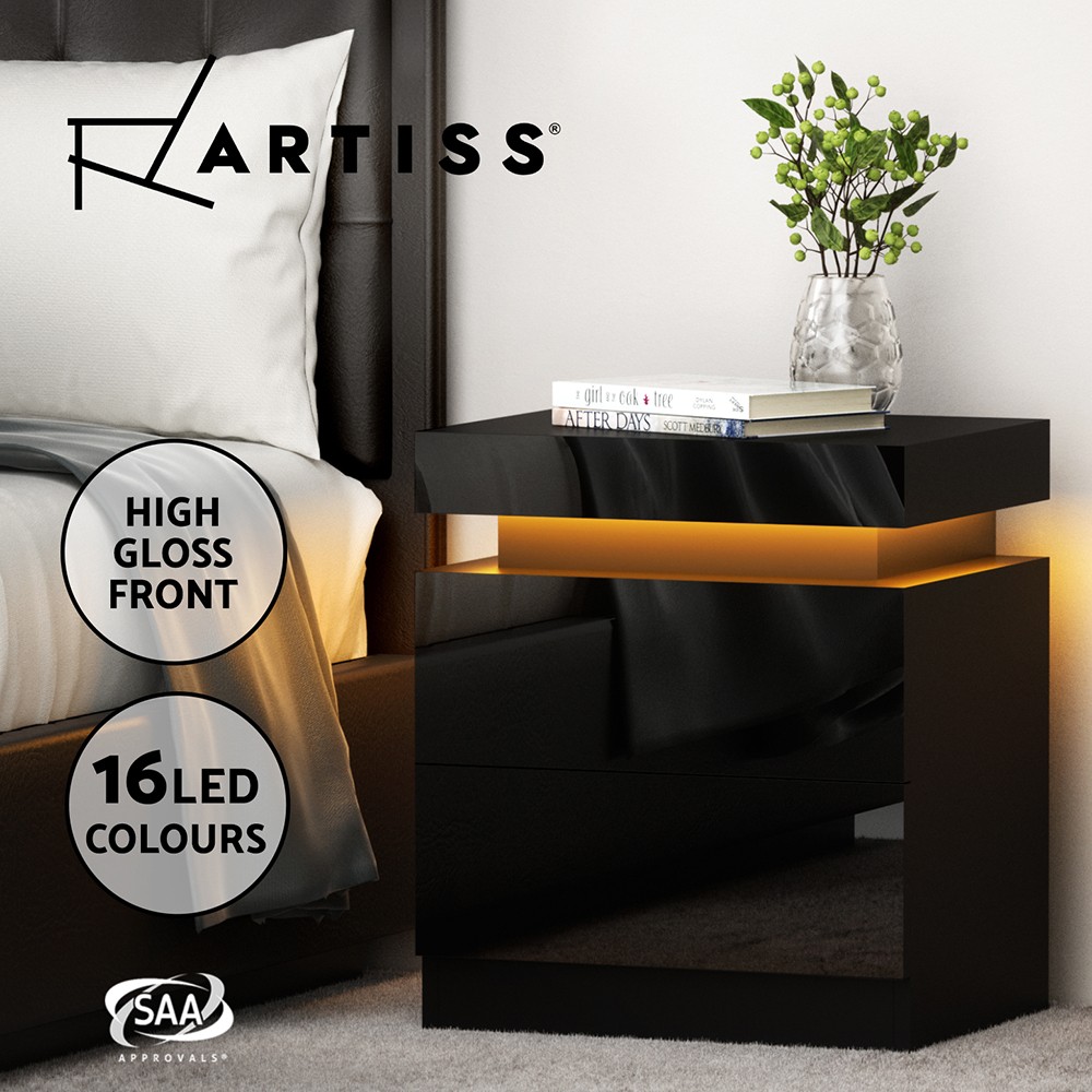 Artiss LED Bedside Table 2 Drawers RGB 16 Colours Black Gloss 45cm Modern MDF