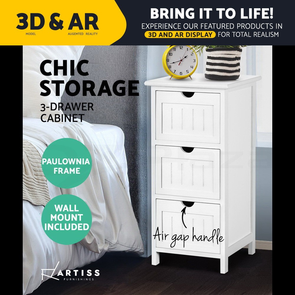 Artiss Bedside Table 3 Drawers White Storage Cabinet 30cm Assembled Paulownia