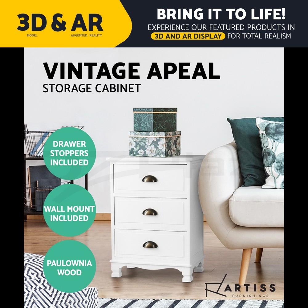 Artiss 3-Drawer Bedside Table Storage Cabinet White Paulownia Wood 45cm 30cm