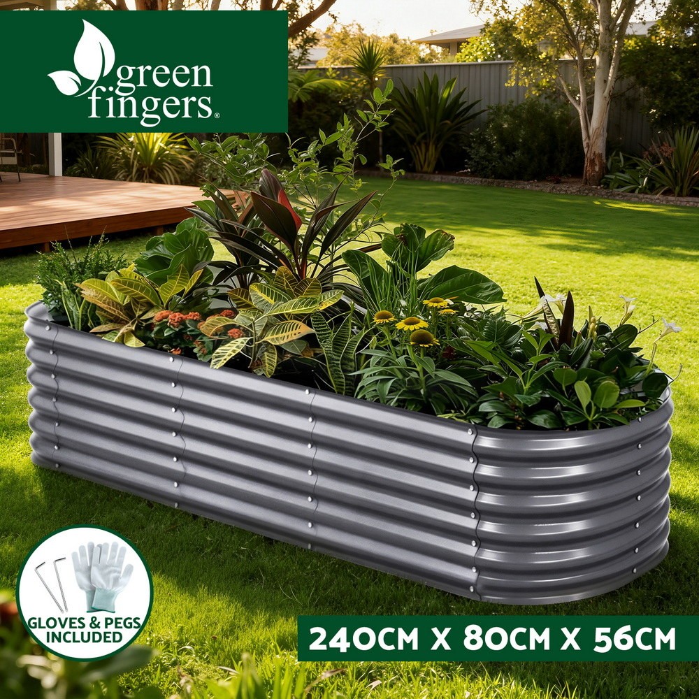 Green Fingers Galvanized Steel Raised Garden Bed 240X80X56cm Grey Outdoor Oval