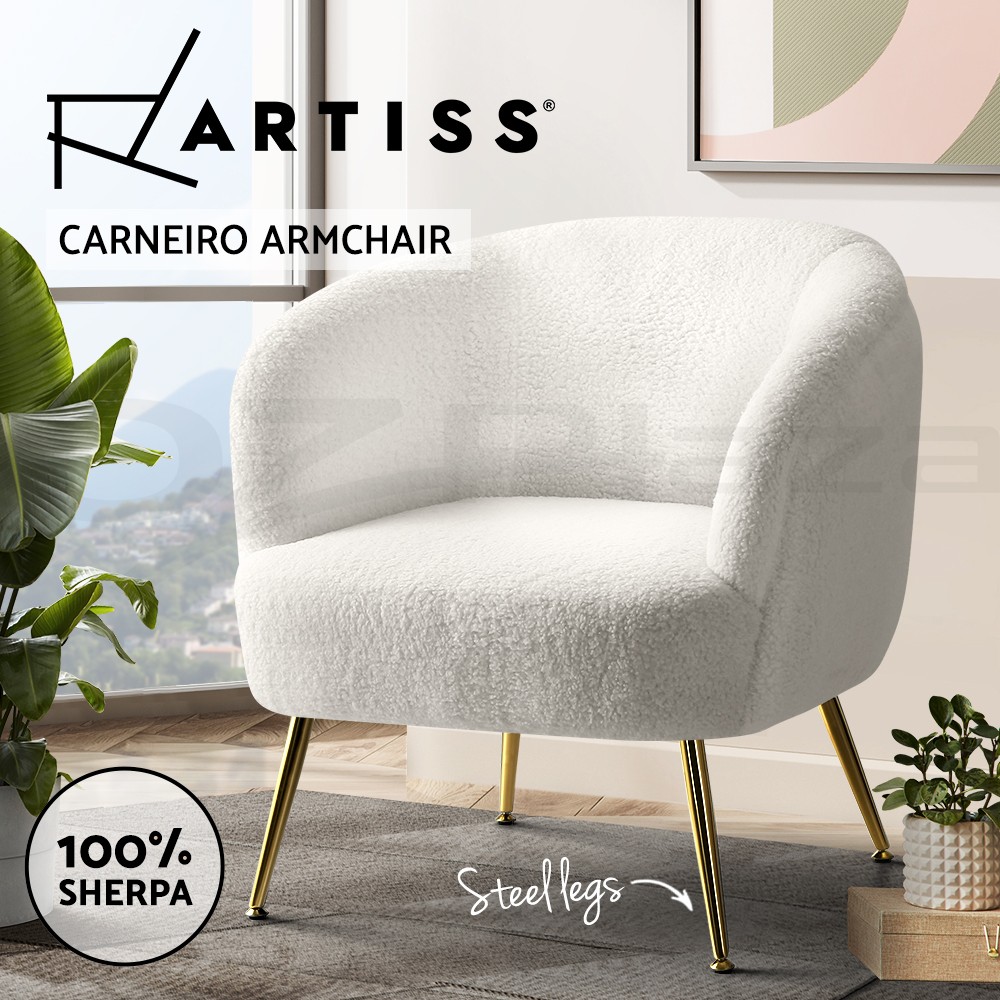 Artiss Carneiro Armchair Accent Chair Sherpa White Steel Legs 150kg Upholstered