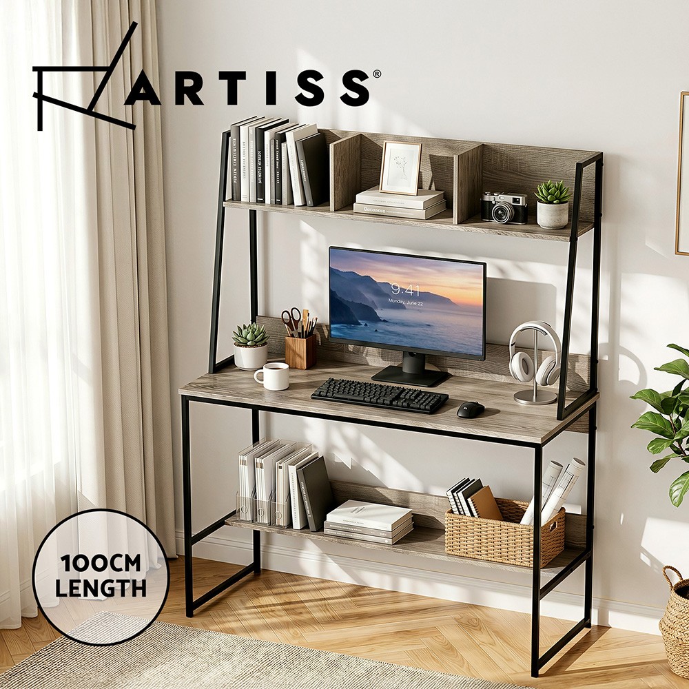 Artiss Computer Desk Bookshelf Storage Home Office Study Grey 100CM With Shelves