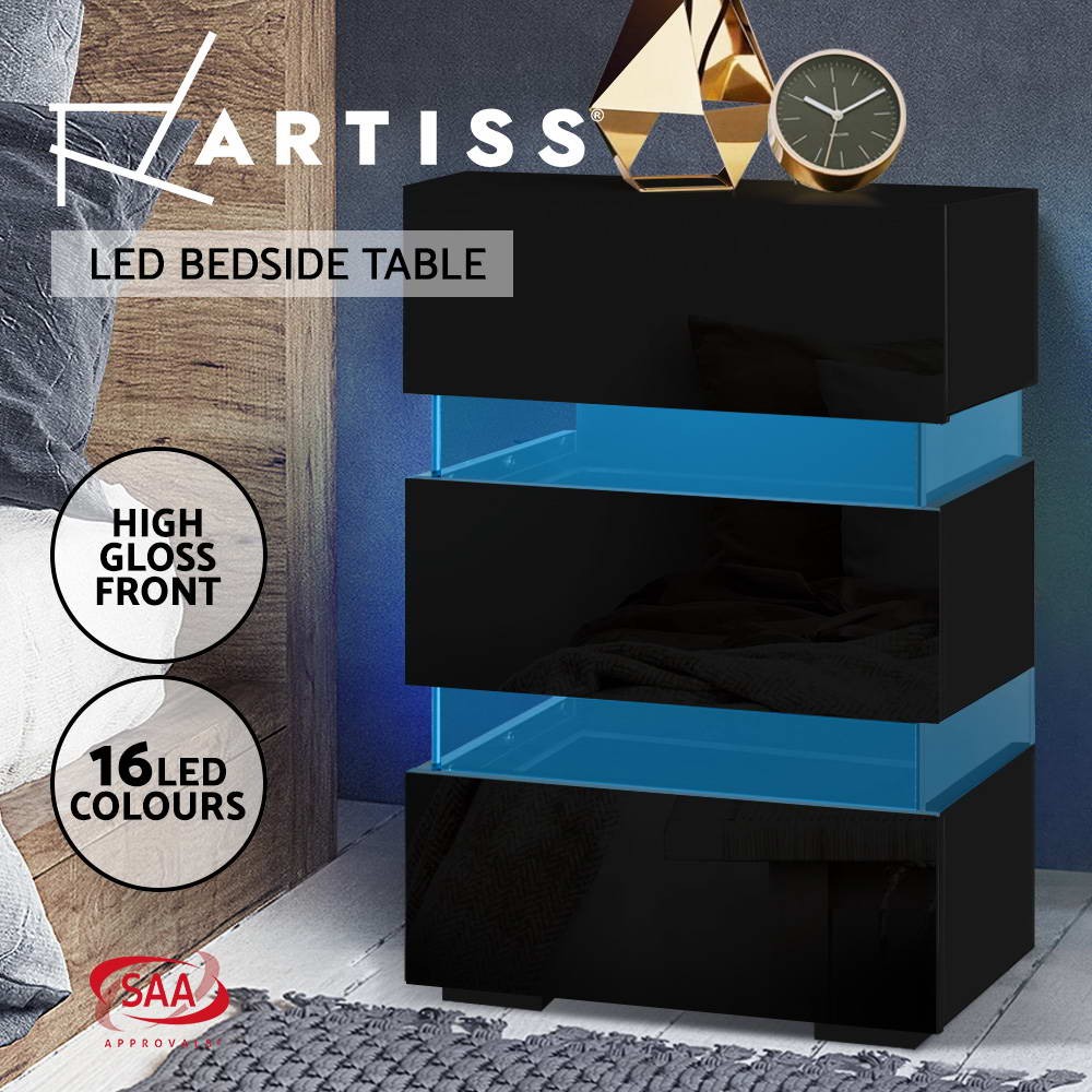 Artiss RGB LED Bedside Table 3 Drawers Black Gloss 45cm 35cm 67cm Particle board