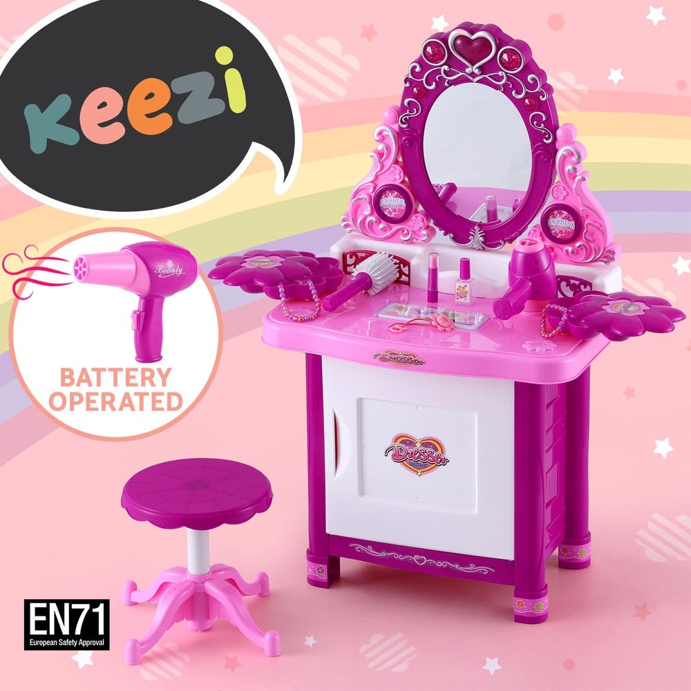 Keezi Kids Pretend Play Makeup Vanity 30pcs Accessories Stool Lighting sound