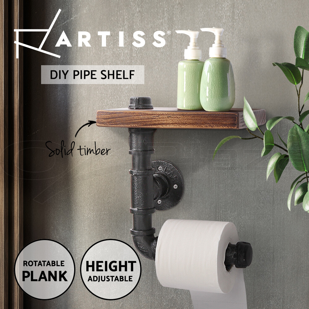 Artiss DIY Wall Mounted Toilet Paper Holder Metal Pipe Wood Shelf 23cm 14cm