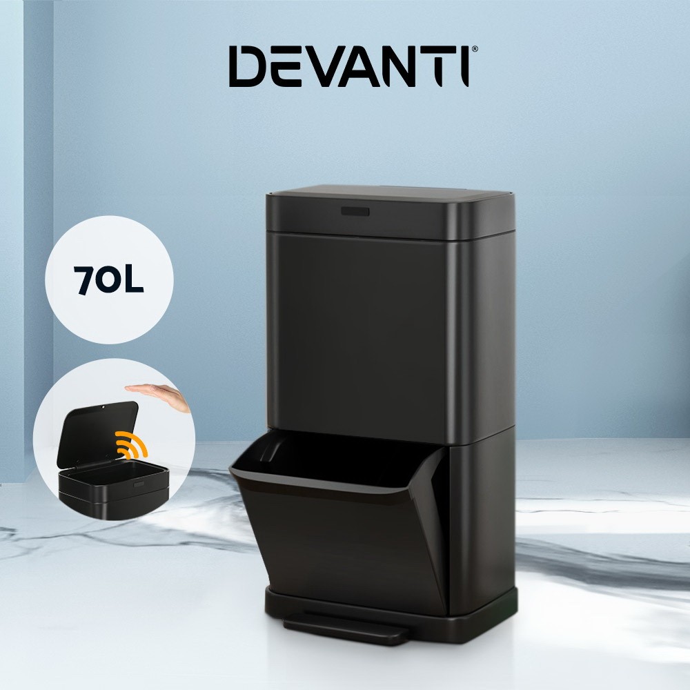 Devanti 70L Recycling Motion Sensor Bin Black Automatic Pedal Two Compartments