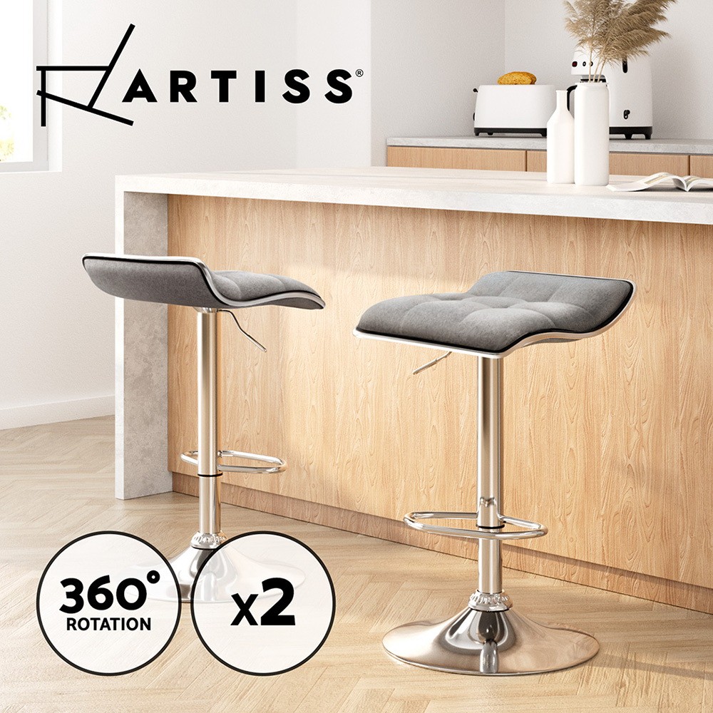 Artiss Mia 2x Bar Stools Gas Lift Grey Faux Linen Padded 360 Swivel Chrome