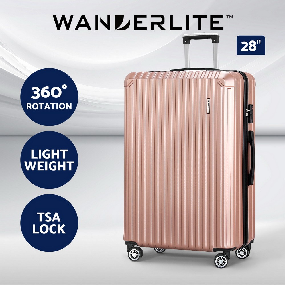 Wanderlite 28 Luggage Trolley Suitcase TSA Hard Shell 100L Rose Gold 360 Wheels