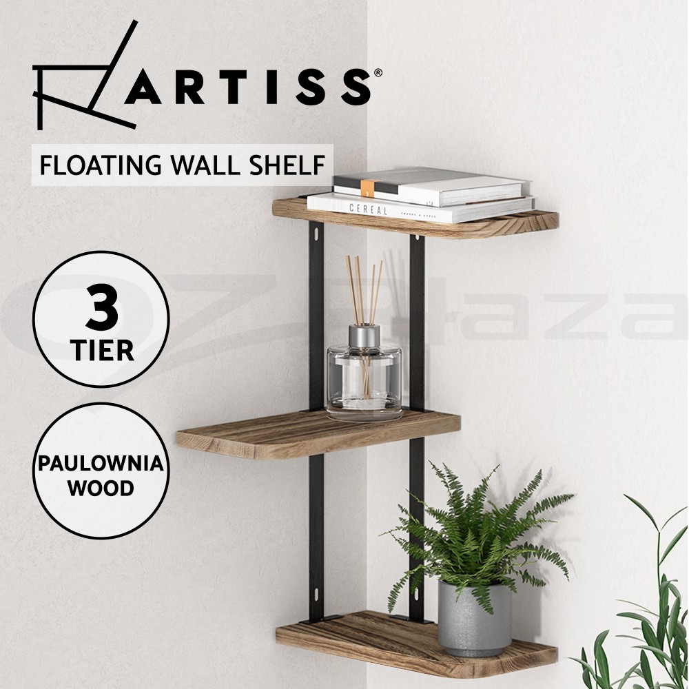 Artiss Faro 3 Tiers Corner Floating Wall Shelves Paulownia Wood Rust Oak Black