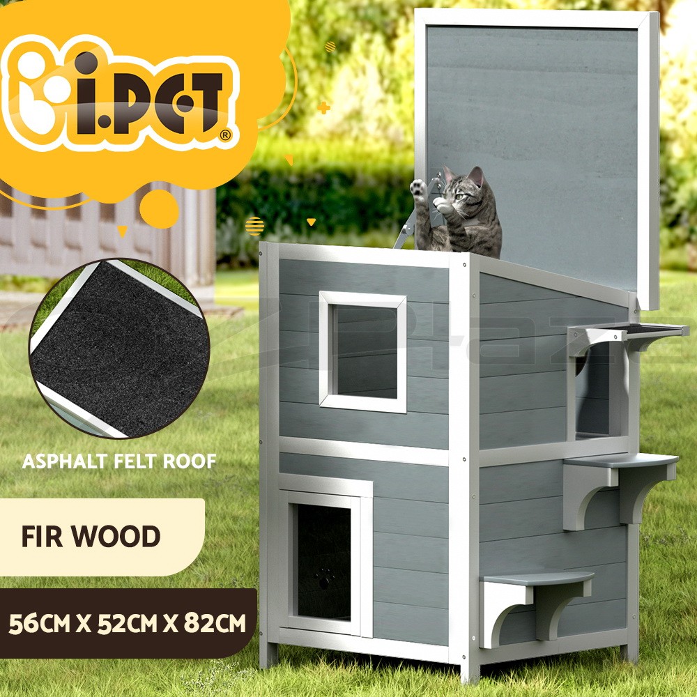i.Pet Rabbit Hutch Cat House Outdoor Fir wood Two-tier Asphalt felt Roof Grey