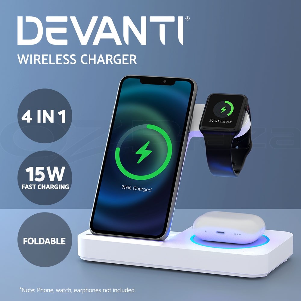 Devanti 4-in-1 Fast Wireless Charger Station Qi iPhone Apple Watch Airpod White