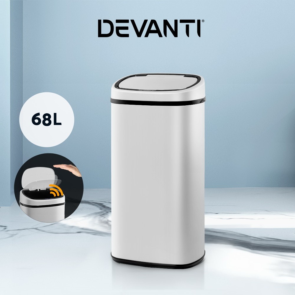 Devanti 68L Motion Sensor Waste Bin Automatic Steel Kitchen White Hands-free