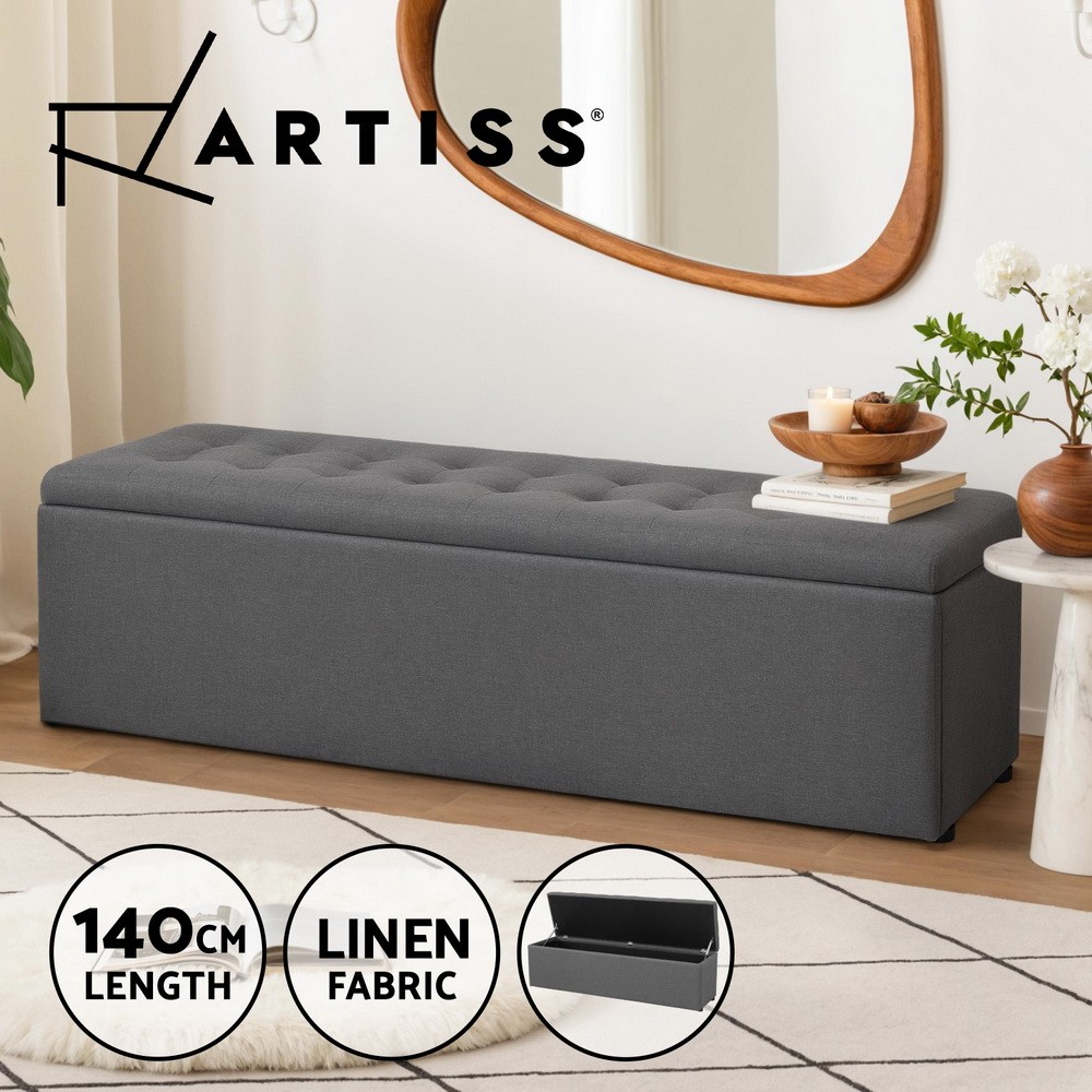 Artiss Storage Ottoman Blanket Box Bench 140cm Faux Linen Dark Grey Lift-up Lid