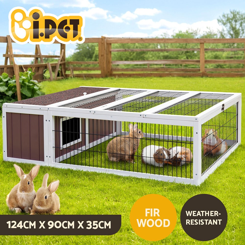 i.Pet Rabbit Hutch Outdoor Wooden Cage ET-GT-CH9035-BW Brown 124cm 90cm 35cm