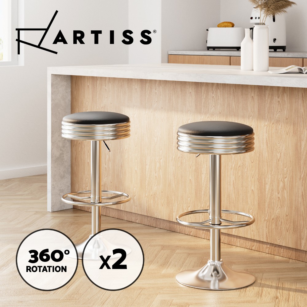 Artiss 2x Bar Stools Adjustable Swivel Faux Leather Black Chrome Gas Lift 130kg