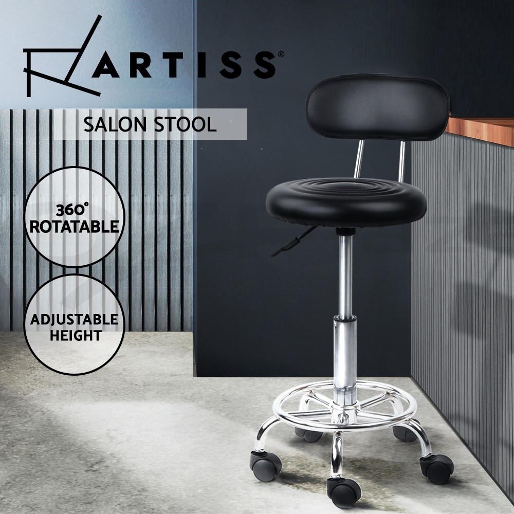 Artiss Salon Stool Swivel Chair Backrest PU Adjustable Black 150kg 73cm-90cm