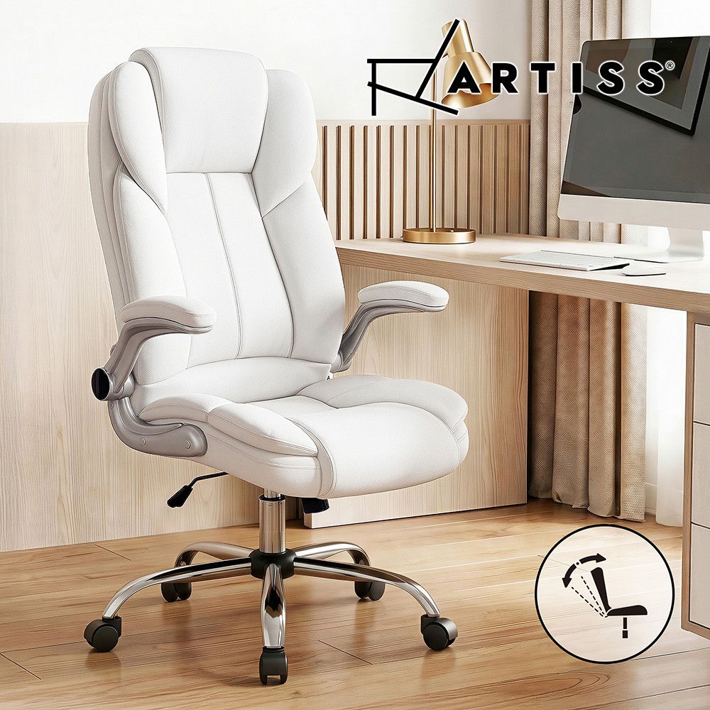 Artiss Kea Executive Office Chair PU Leather Recline Flip-up Arms White 150kg