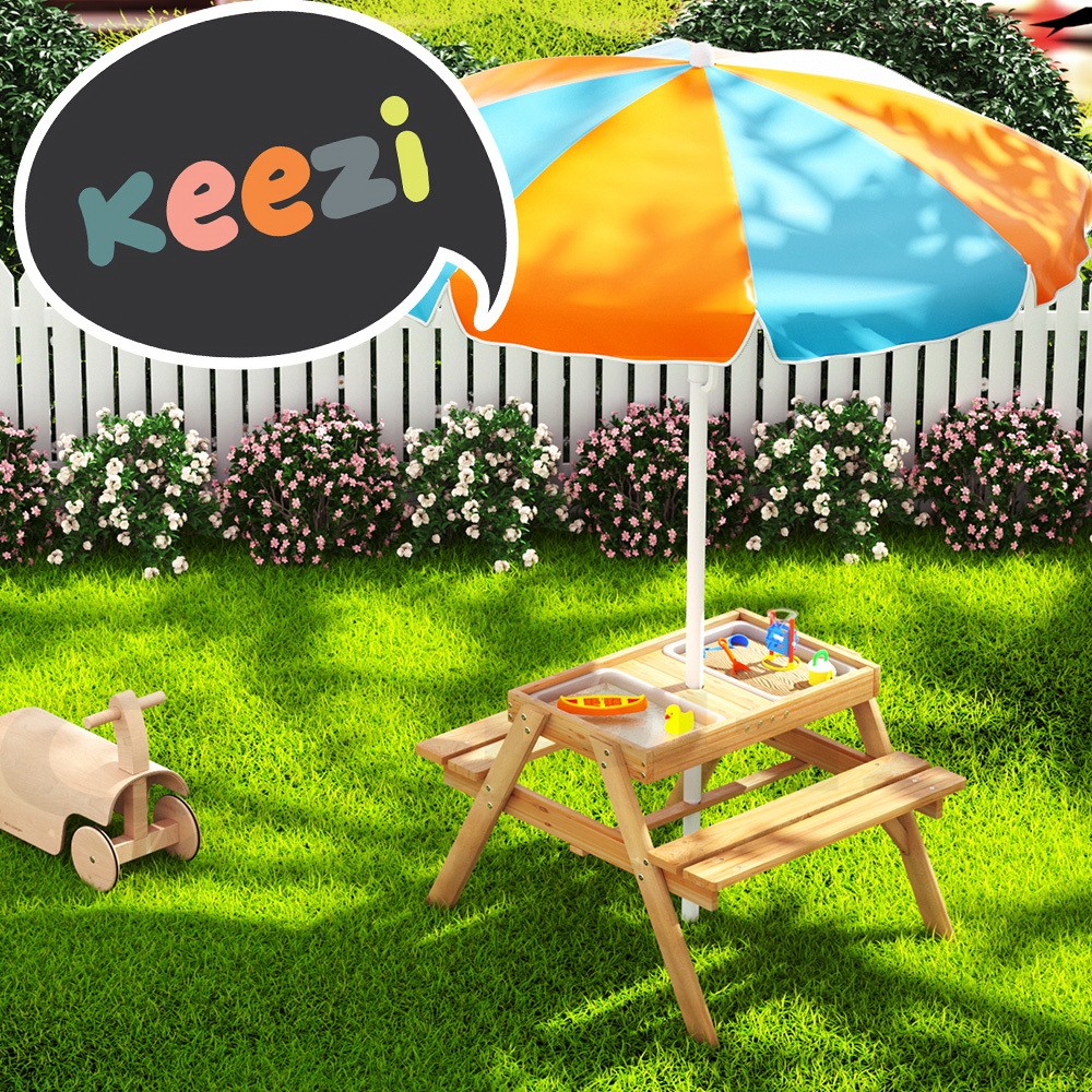 Keezi Kids Outdoor Picnic Table Bench Umbrella Set Solid Wood Foldable 3-8 Years