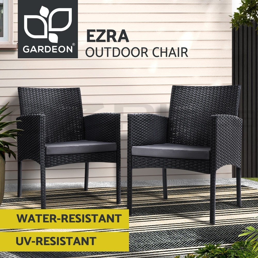 Gardeon Ezra 2PC Outdoor Bistro Chairs PE Wicker Black Grey Cushions 150kg Patio