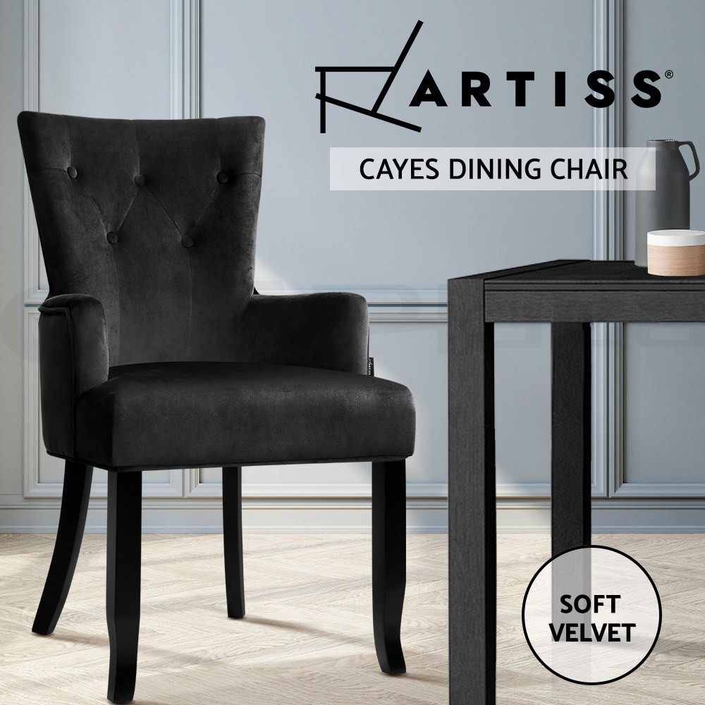 Artiss Cayes French Provincial Velvet Dining Chair Armrest Black 150kg 96cm