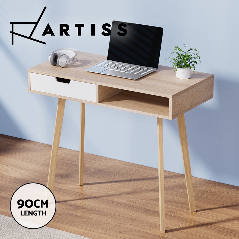 Artiss Computer Desk 90cm Oak Particle Board 1 Drawer Open Shelf Modern Study
