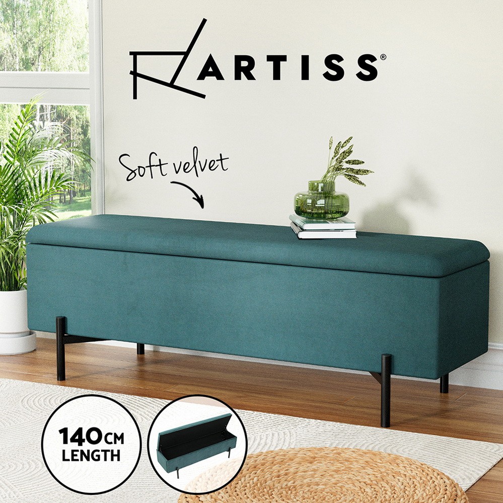 Artiss Velvet Storage Ottoman Bench 140cm Green Plywood MDF Seat Chest 45cm