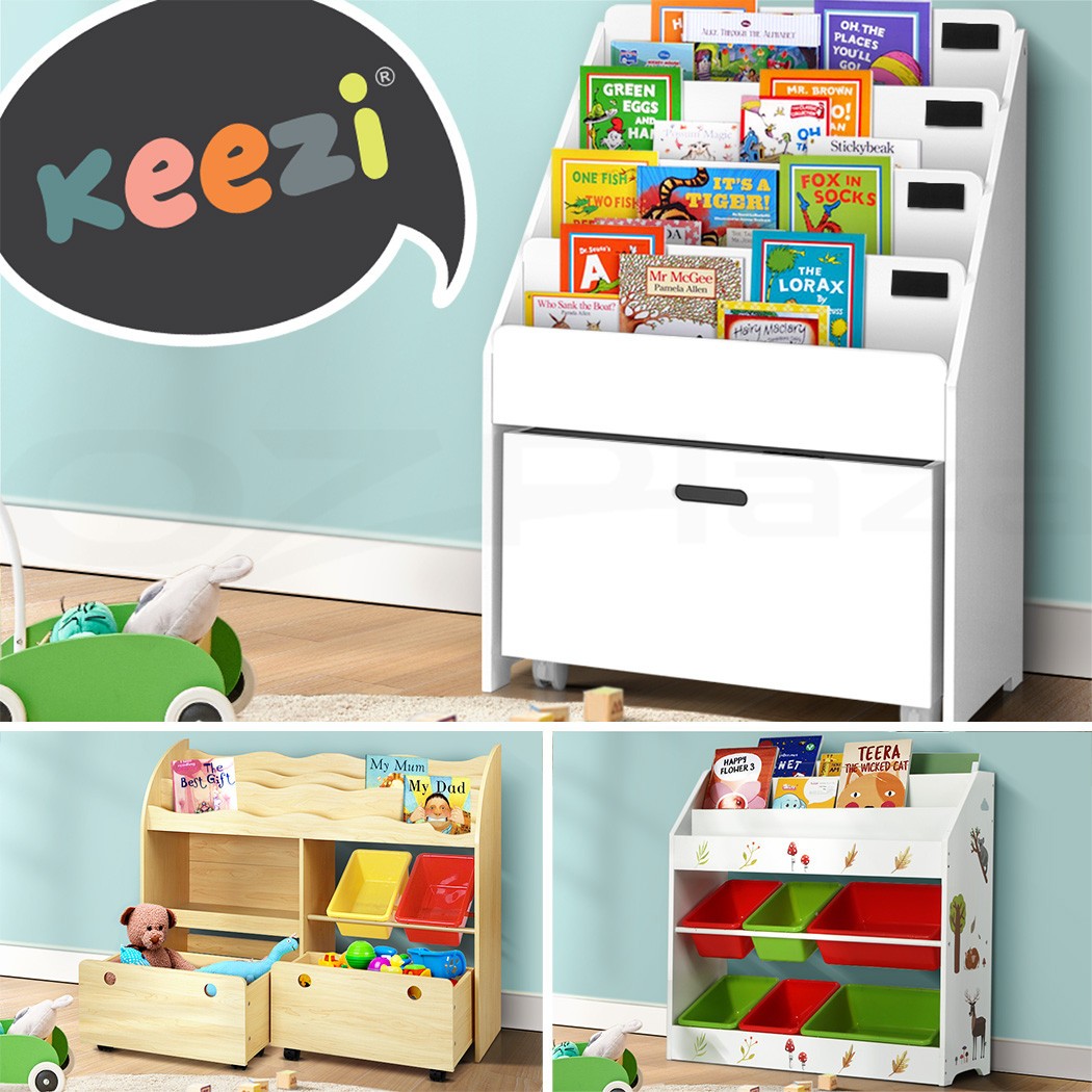 Keezi Kids Bookshelf Bookcase 4 tiers Chalkboard Label Storage Lockable Wheels