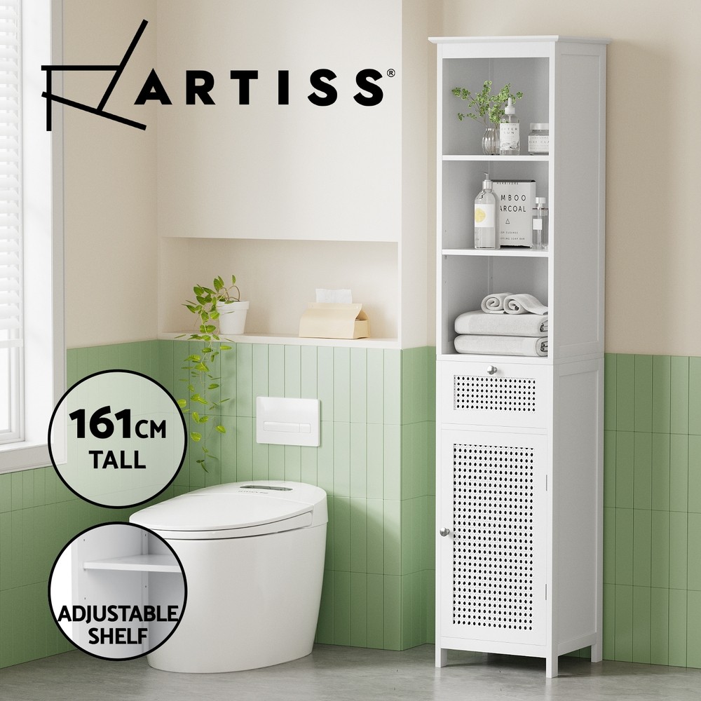 Artiss Bathroom Storage Cabinet Tallboy Toilet 161cm White Rattan 3-Tier Drawer