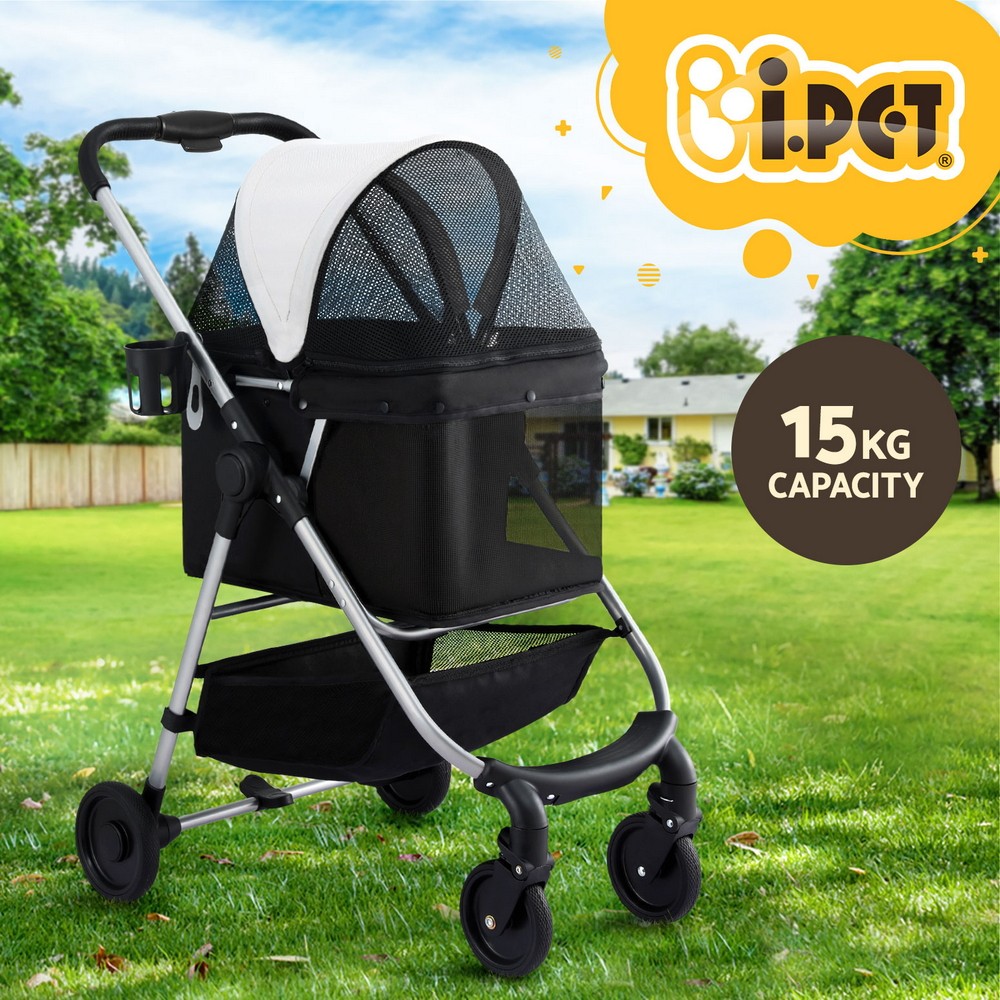 i.Pet Dog Cat Stroller Pram Carrier Travel Foldable 4 Wheels Black White 15kg