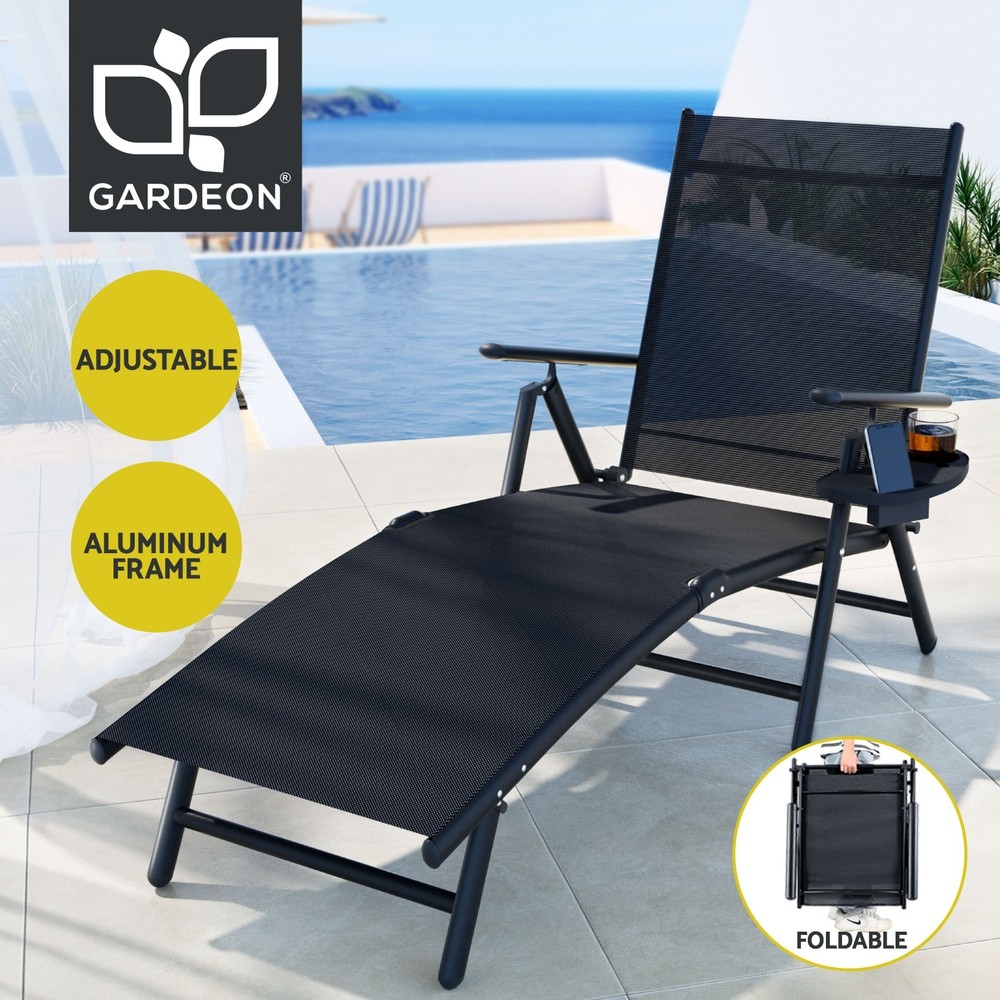 Gardeon Sun Lounger Recliner Chair Foldable Aluminium Black Textilene 7-position