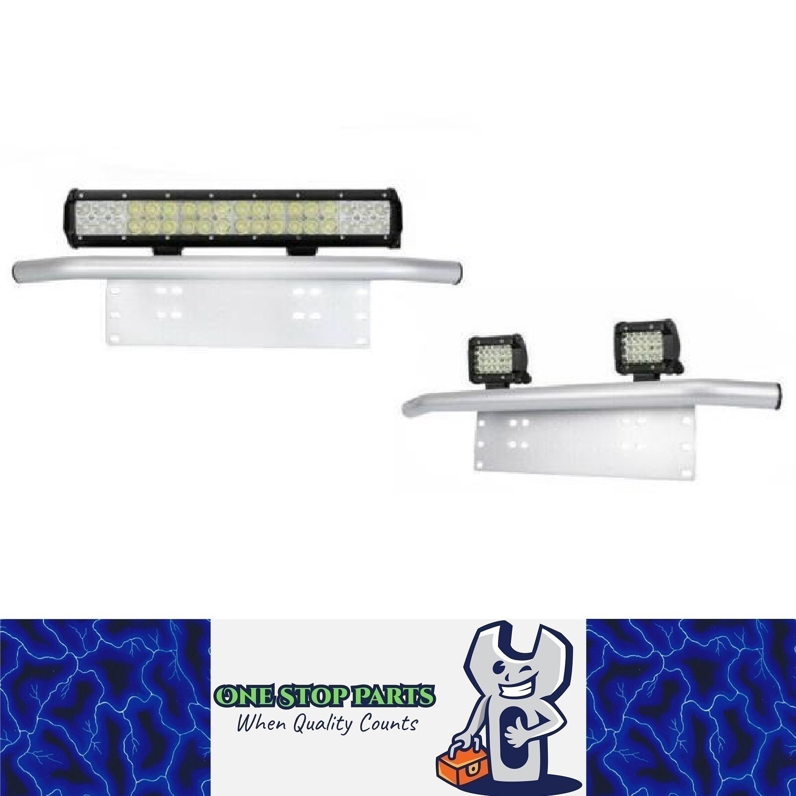 One Stop Parts Pty Ltd Nudge Bar NudgeS Silver Front Number Plate Car Light LED