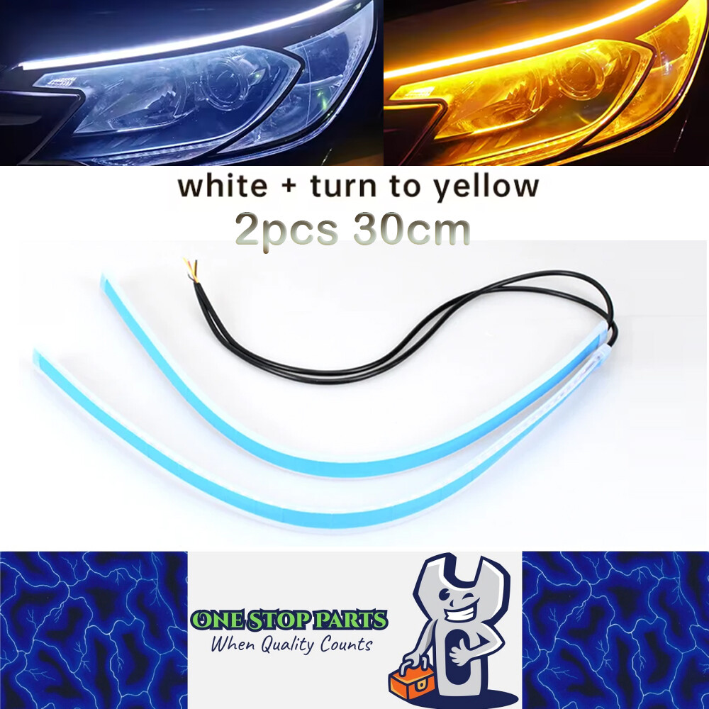 2 30cm Car LED DRL Flexible Daytime Running Lights White to Yellow Silicone 12V