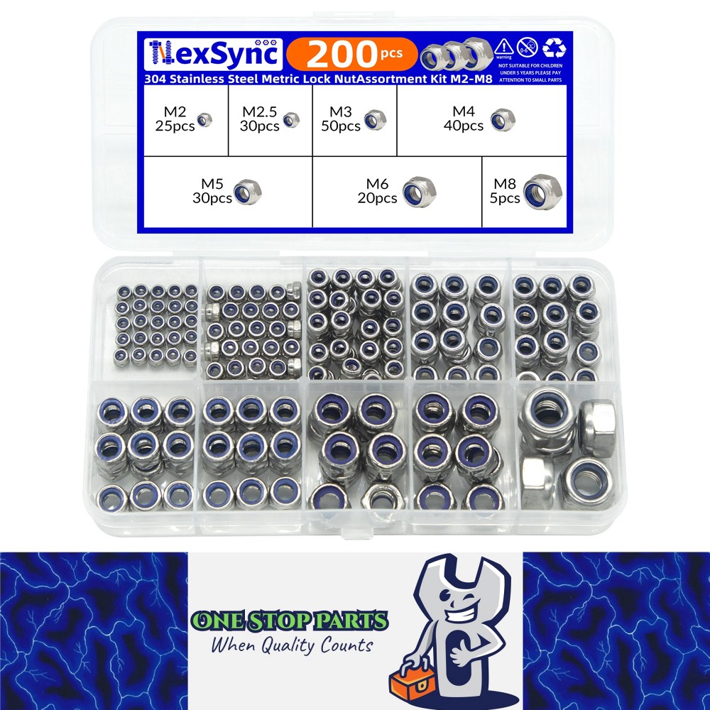 One Stop Parts Nylon Lock Nuts LOCKNUTS 200pcs M2-M8 Stainless Steel Hex Kit