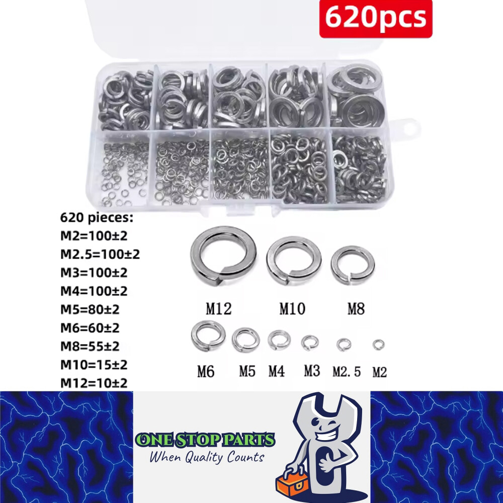 620pcs 304 Stainless Steel Spring Split Lock Washers M2 to M12 SSSLW Gaskets