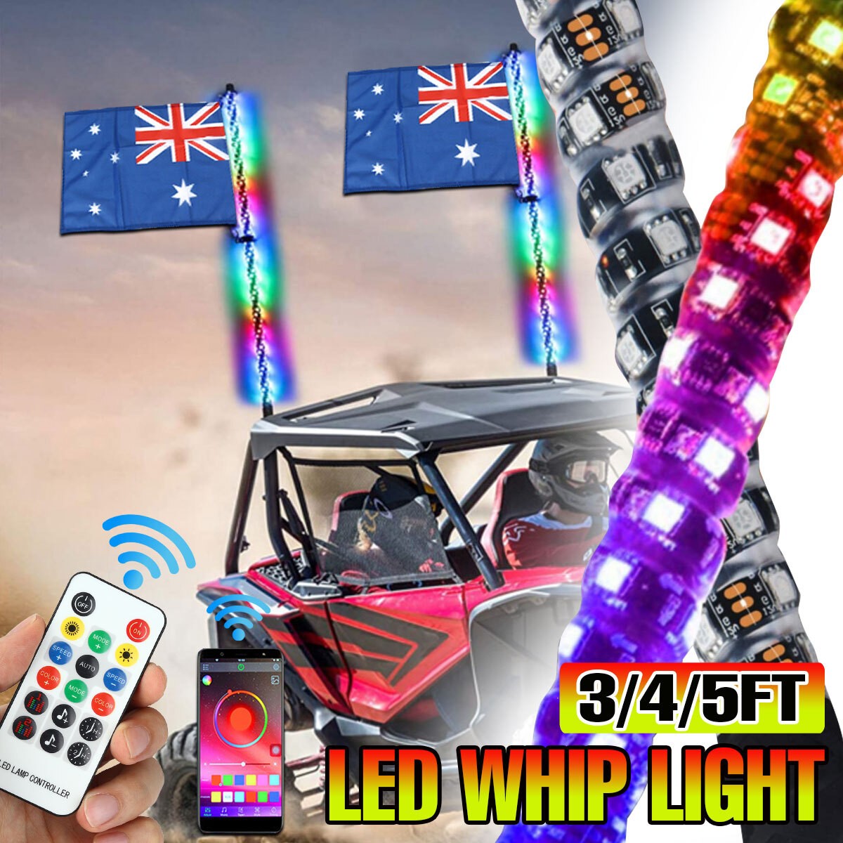 iMars 3/4/5ft LED Whip Lights Antenna Flag Pole Quick Release Base For ATV RGB