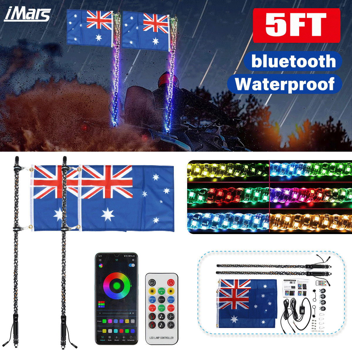 iMars Pair 3ft/5ft bluetooth RGB Spiral LED Whip Lights AU Flag Remote For ATV