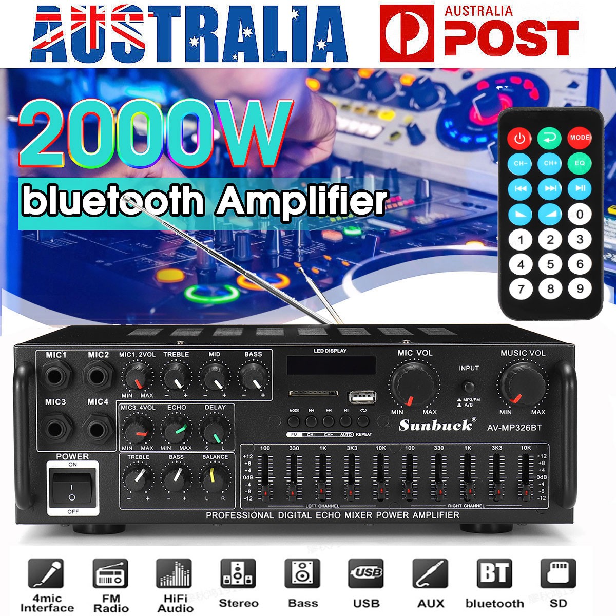 Sunbuck 2000W 2CH bluetooth Power Amplifier Stereo HiFi FM Home Karaoke Amp AU