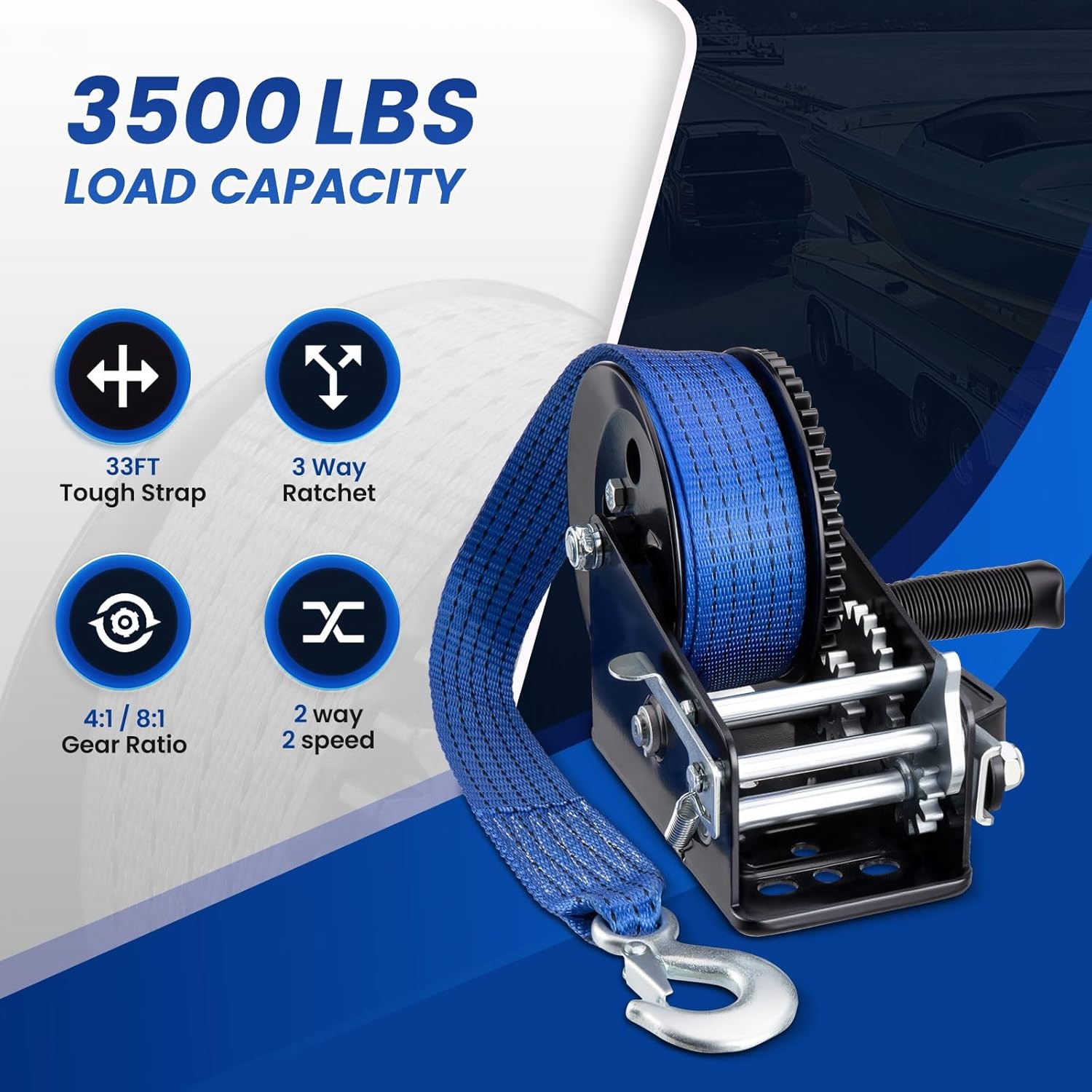 KROAK 3500lbs Polyester Strap Dual Speed Hand Winch for Trailer Boat ATV With
