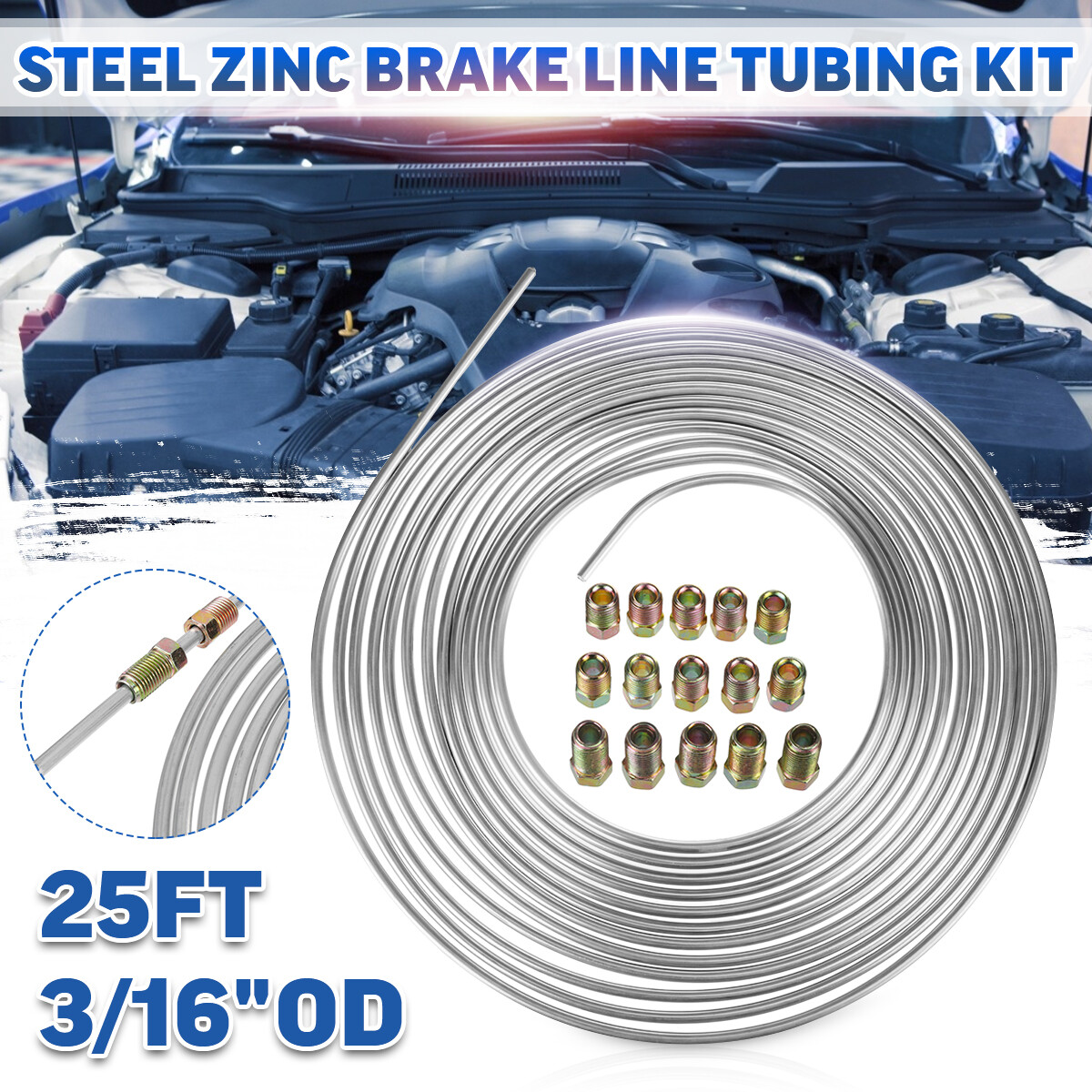 Unbranded/Generic 25Ft Coil Roll 3/16apos apos OD Steel Zinc Brake Line Fuel Kit