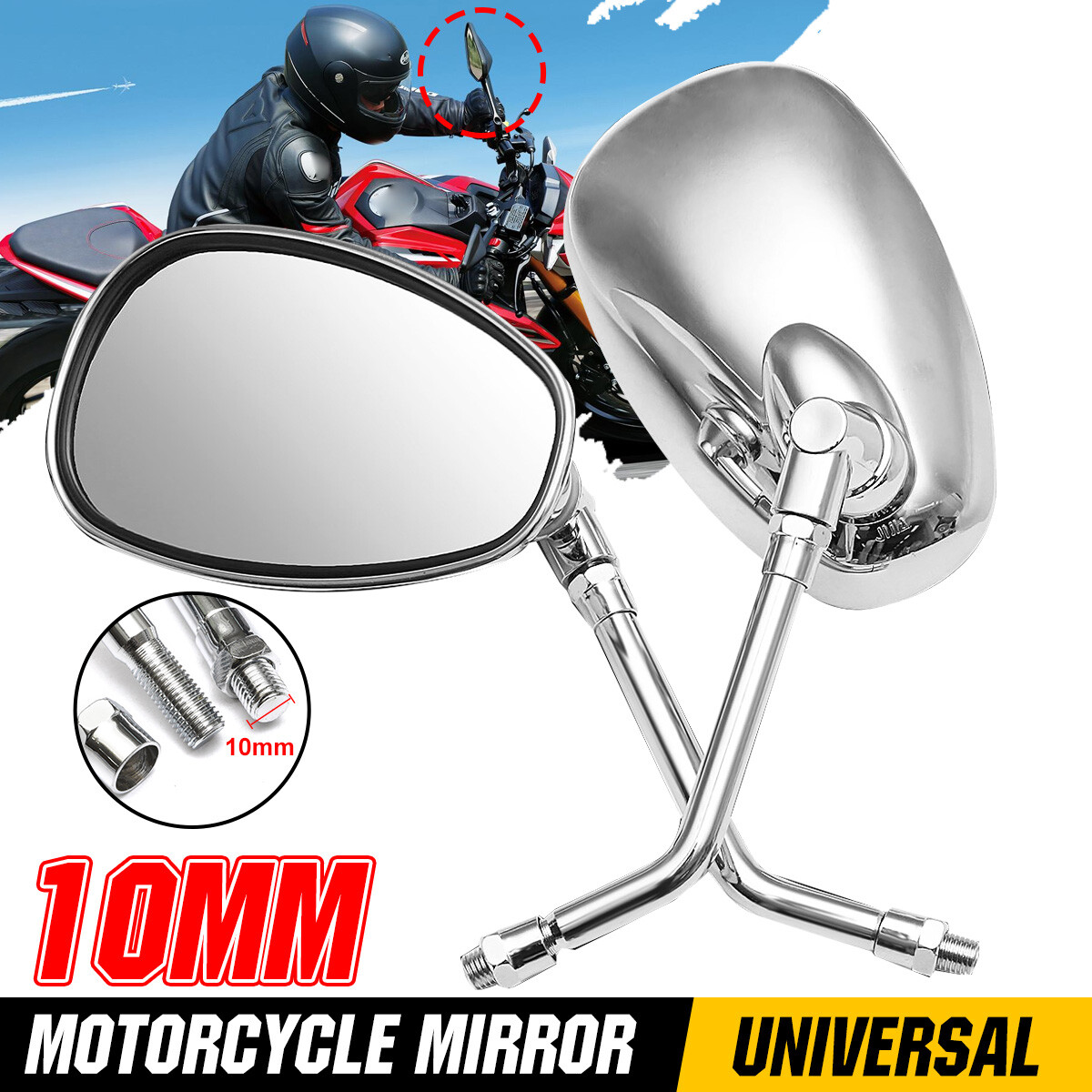 iMars 10MM PAIR CHROME MOTORCYCLE REARVIEW SIDE WING MIRRORS UNIVERSAL AU 360