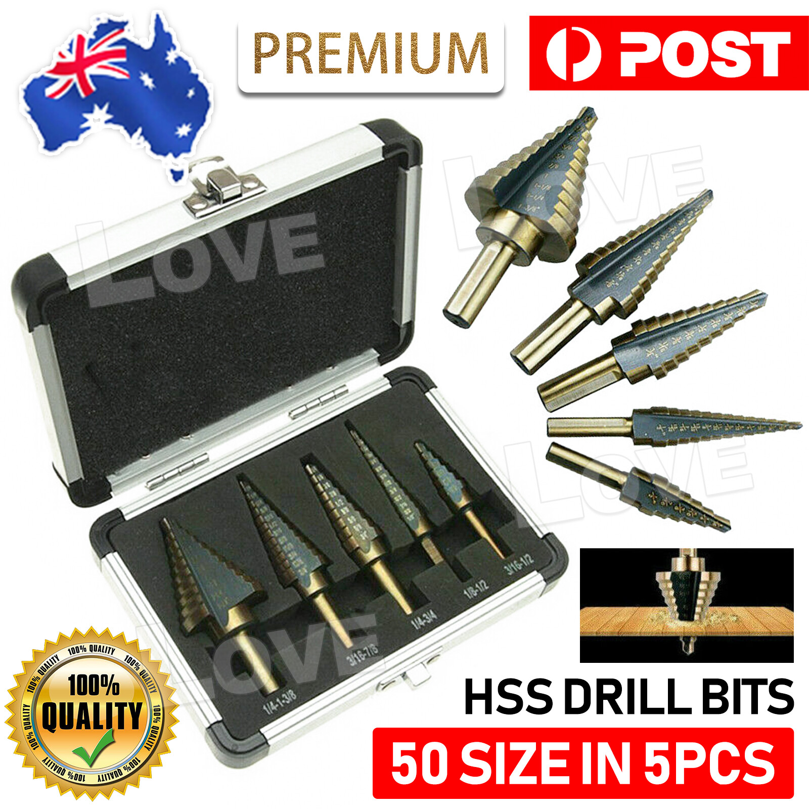 5PCS HSS Step Steel Cone Drill Hole Cutter Titanium Bits Set Kit Aluminum Case