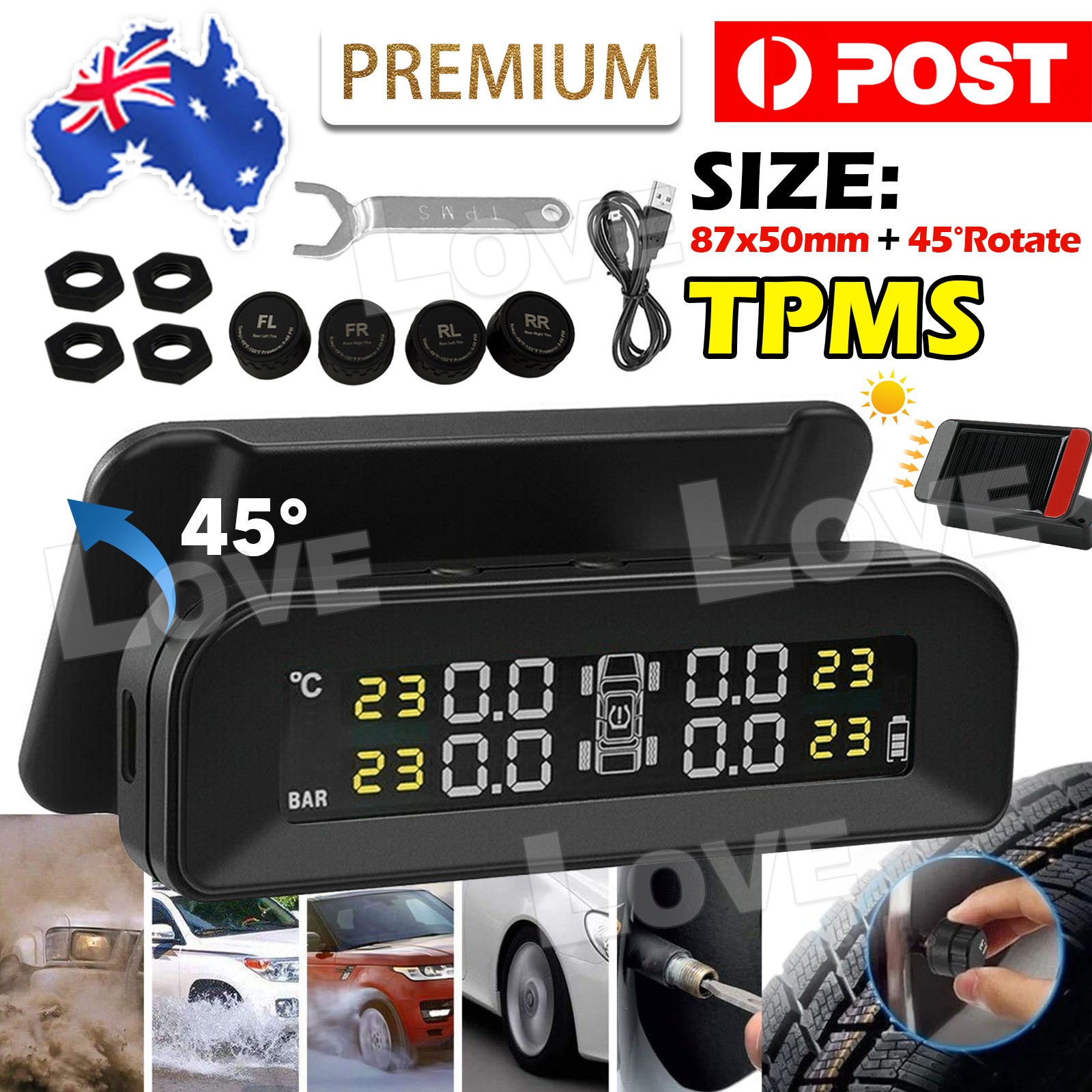 Solar Wireless TPMS Car Tire Tyre Pressure Monitor System Monitoring 4 Sensors