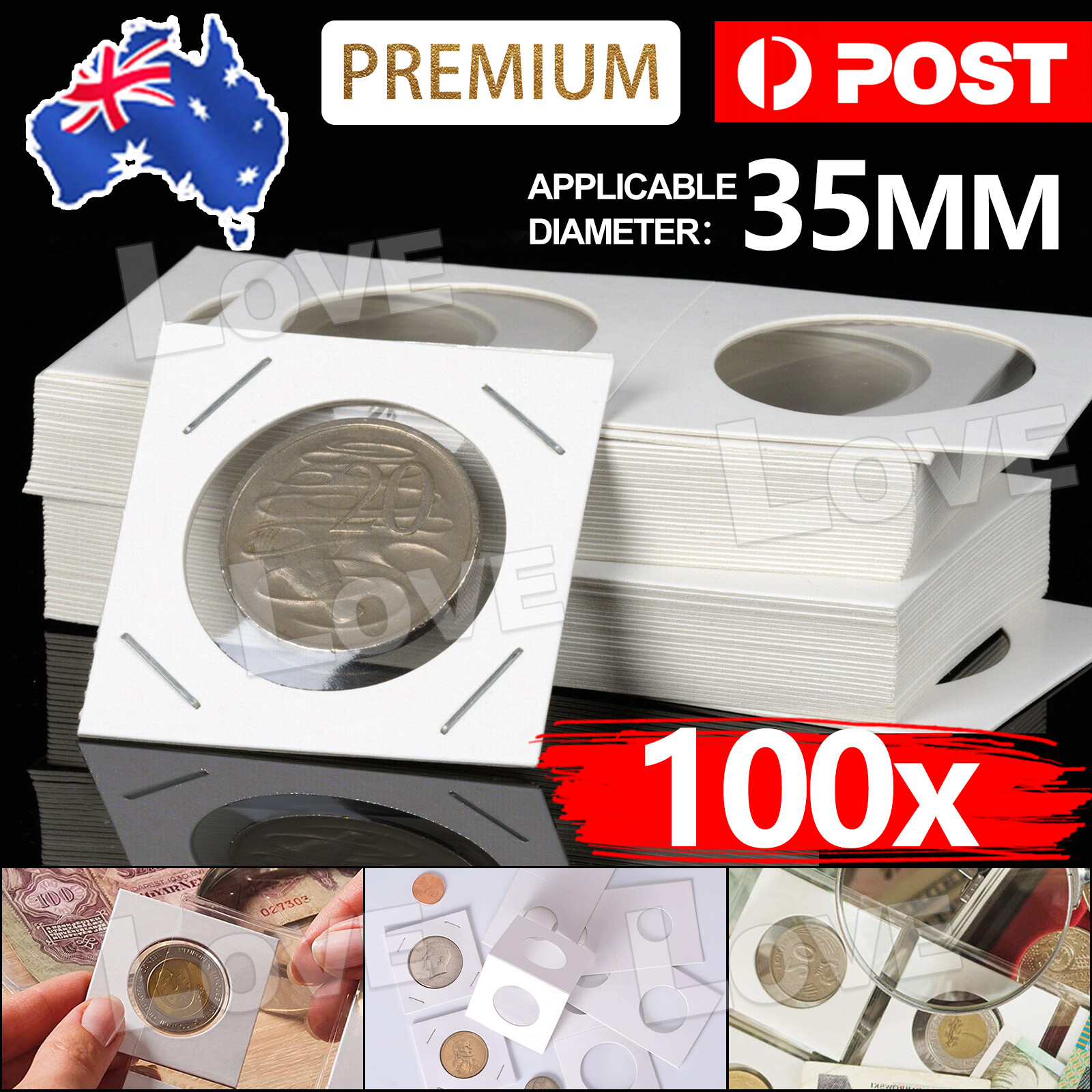 100pcs CARDBOARD 2 COIN HOLDERS 35mm SUIT 50c 20c White paper and plastic